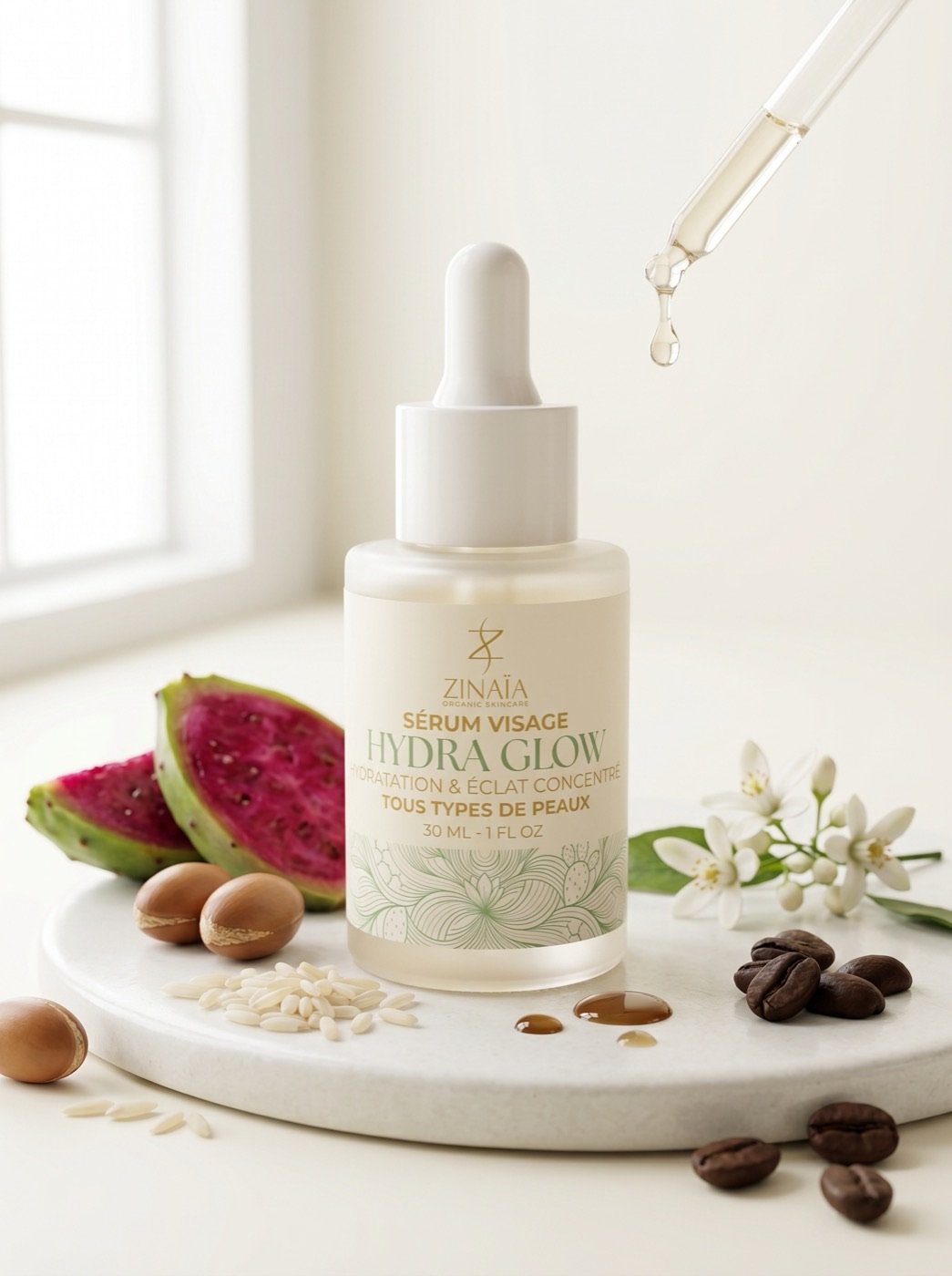 Le sérum Hydra Glow entouré de ses actifs : argan, figue de barbarie, fleur d'oranger, riz