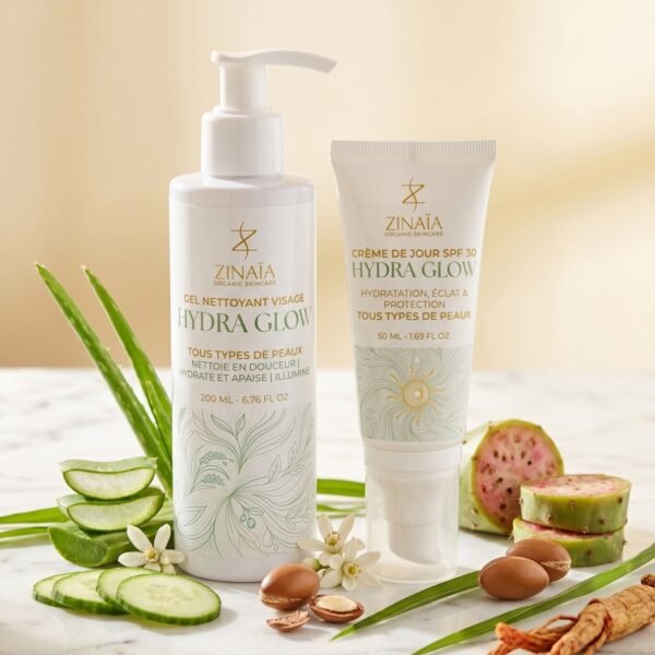 La routine Hydra Glow entourée de ses actifs : aloe, concombre, argan, figue de barbarie, ginseng