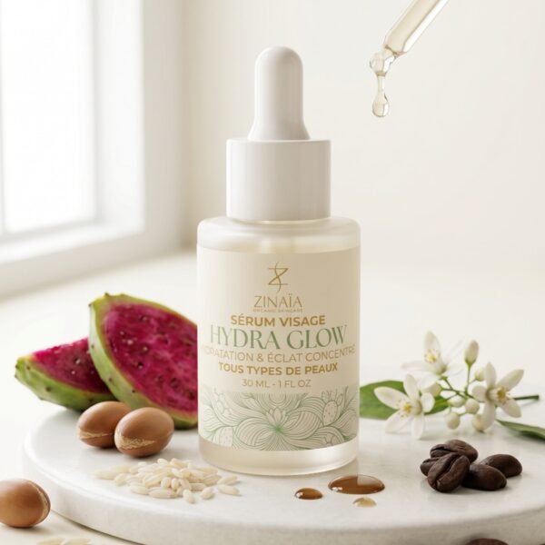 Sérum Visage Hydra Glow entouré de figue de barbarie, argan, fleur d'oranger et riz